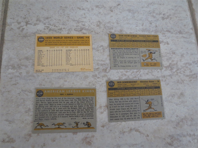 1960 Topps Don Newcombe, Red Schoendienst, AL Kings, and 1959 World Series baseball cards in great condition!