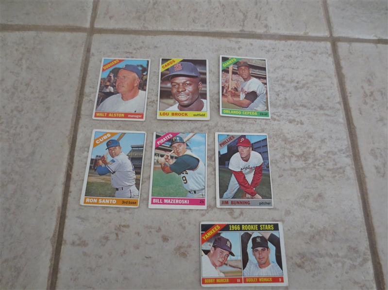 (7) 1966 Topps Superstar baseball cards in affordable condition: Murcer rookie, Santo, Maz, Bunning, Alston, Brock, Cepeda