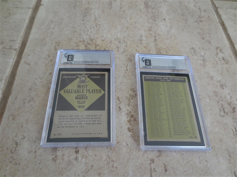 1961 Topps Roger Maris GAI 5.5 ex+ #478 + 1961 Topps AL HR Leaders (Mantle) GAI 5 ex baseball cards