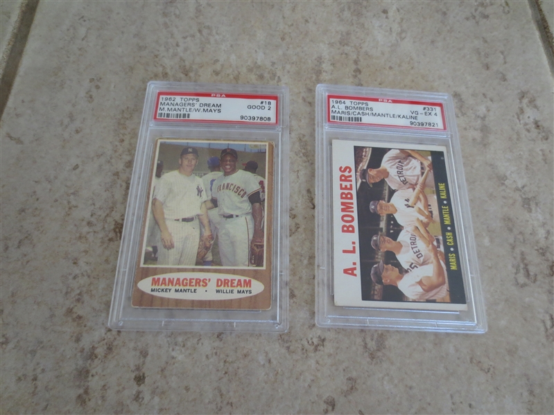 1962 Topps Managers Dream (Mantle, Mays) PSA 2 + 1964 Topps AL Bombers (Mantle PSA 4)