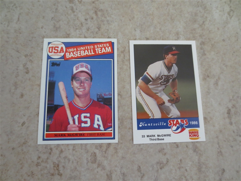 1985 Topps Mark McGwire rookie baseball card + 1986 Huntsville Stars Mark McGwire baseball card