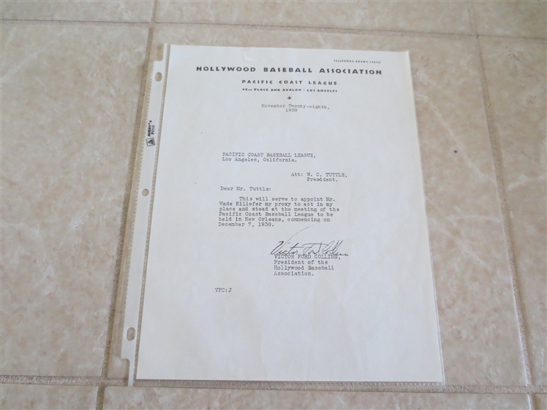 1938 Hollywood Stars PCL letter with letterhead signed by Victor Ford Collins, President of the Stars