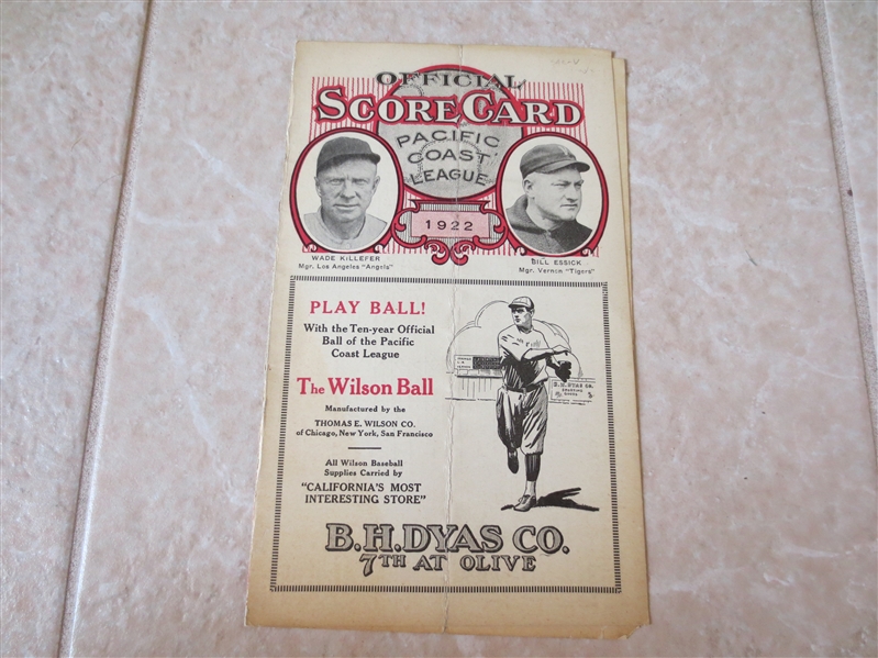 1922 Sacramento Solons at Vernon Tigers PCL scored baseball program   VERY RARE