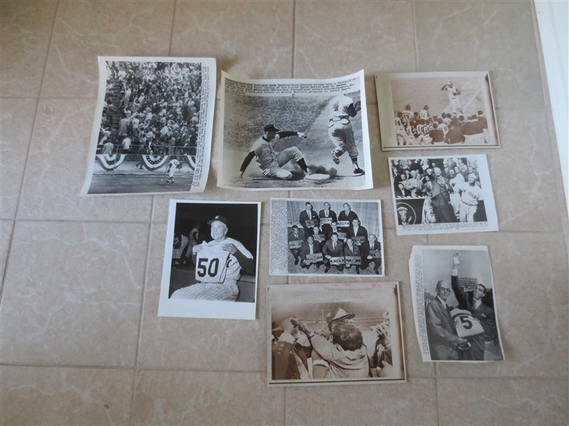 (8) 1952-74 Baseball Wire photos with Aaron #715, Joe DiMaggio, Casey Stengel, Jim Brown/Willie Mays, 1958 World Series +