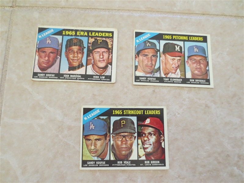 (3) 1966 Topps Sandy Koufax Leader baseball cards in affordable condition
