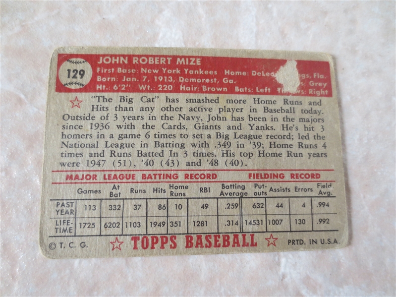 1952 Topps Johnny Mize #129 baseball card New York Yankees Hall of Fame