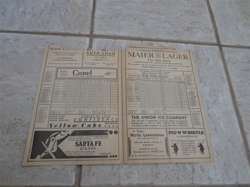 1931 Sacramento at Los Angeles unscored baseball program/scorecard  TOUGH!