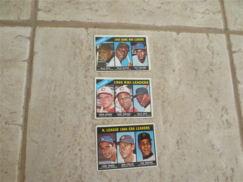 (3) 1966 and 1967 NL Leader baseball cards in affordable condition (Koufax, Mays, McCovey, Robinson)