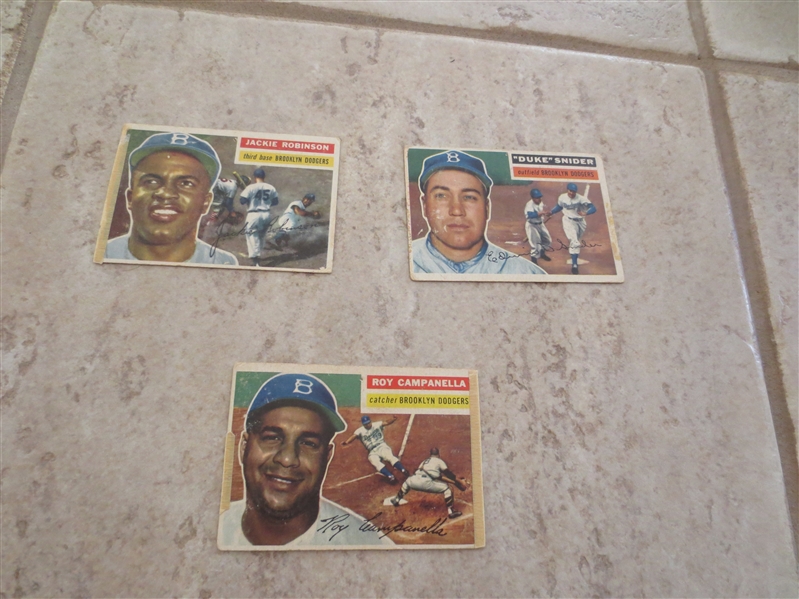 1956 Topps Jackie Robinson, Roy Campanella, and Duke Snider baseball cards in affordable condition