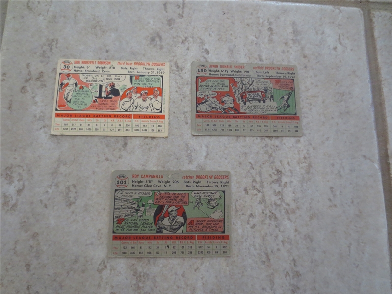 1956 Topps Jackie Robinson, Roy Campanella, and Duke Snider baseball cards in affordable condition