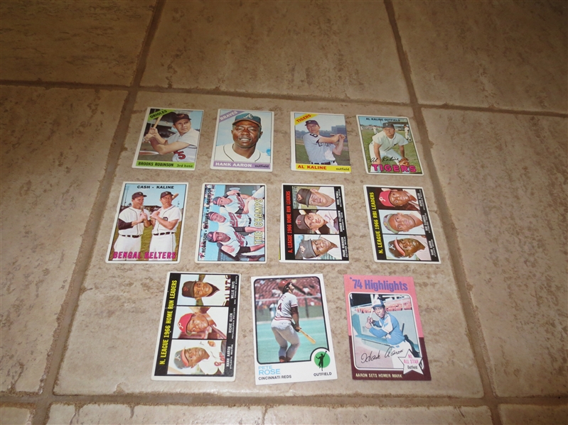(11) Vintage Topps baseball cards of Hank Aaron, Kaline, Robinson, Rose and more