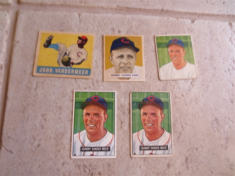 (5) Vintage Johnny Vandermeer 1949-51 baseball cards: Leaf and Bowman
