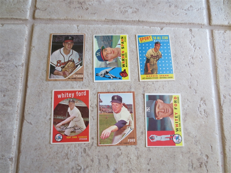 (6) different vintage Warren Spahn and Whitey Ford Topps baseball cards in nice condition