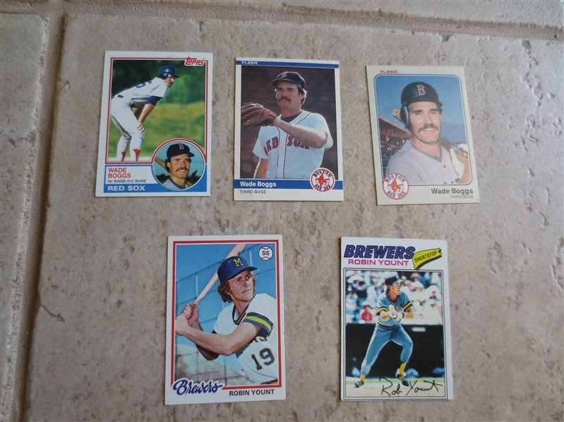 (5) vintage baseball cards of Hall of Famers Robin Yount and Wade Boggs in assorted condition