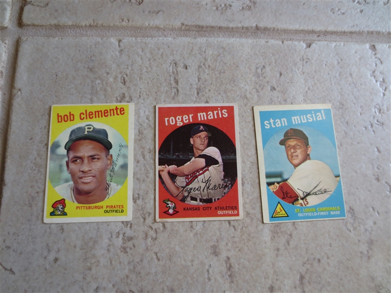 (3) 1959 Topps Superstar baseball cards:  Clemente, Maris and Musial in affordable condition!
