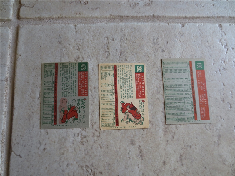 (3) 1959 Topps Superstar baseball cards:  Clemente, Maris and Musial in affordable condition!