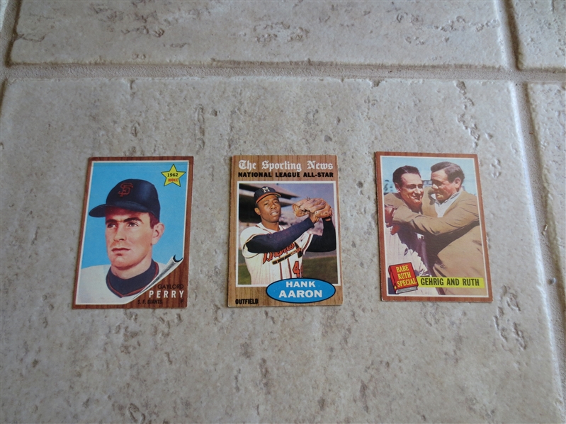 (3) 1962 Topps baseball cards of Hall of Famers: Gaylord Perry rookie, Aaron Sporting News All Star, Babe Ruth Special