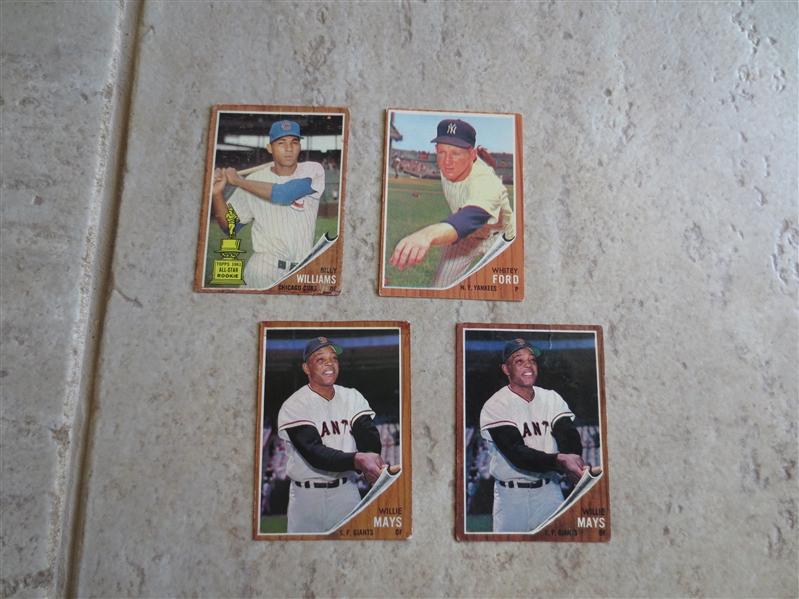 (4) 1962 Topps Hall of Famer baseball cards:(2) Willie Mays, Billy Williams, Whitey Ford