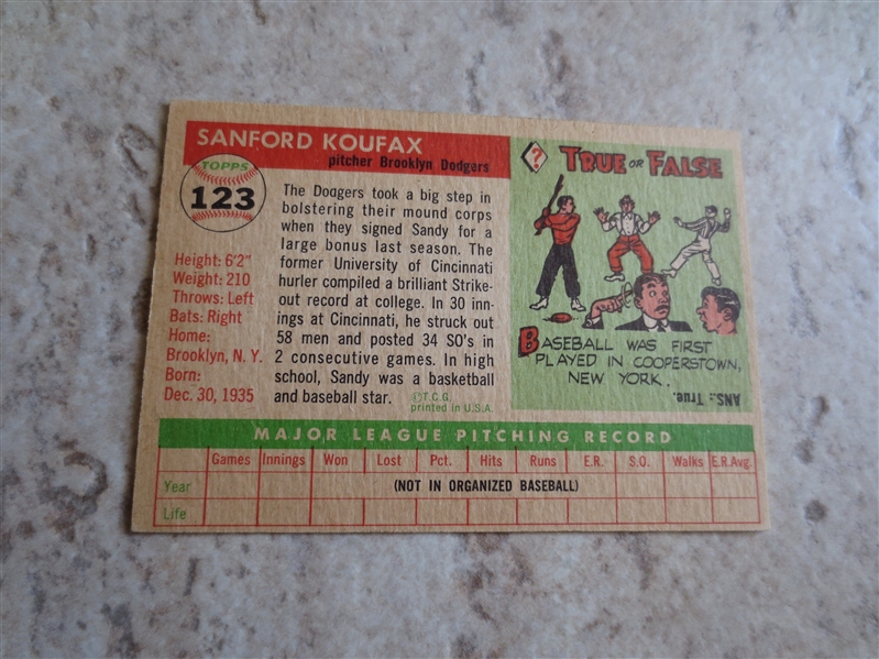 1955 Topps Sandy Koufax rookie baseball card #123  A beauty!