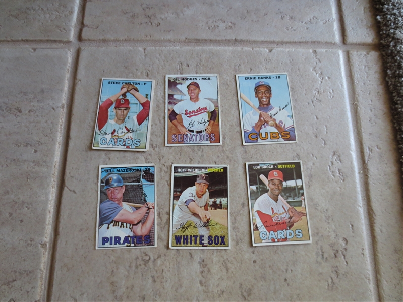 (6) 1967 Topps Hall of Famer baseball cards in affordable condition:  **Carlton, Banks, Wilhelm, Maz, Brock, Hodges