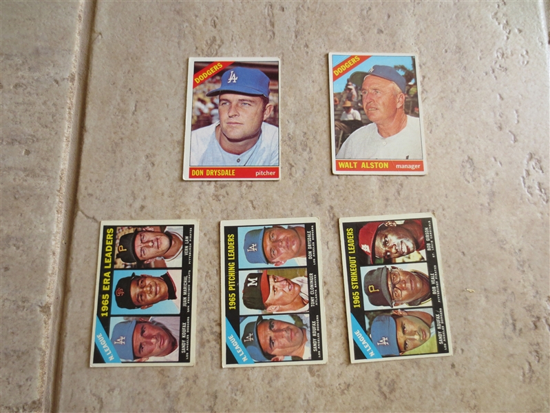 (5) 1966 Topps LA Dodgers Hall of Famers baseball cards: Drysdale, Alston, (3) Koufax Leader cards