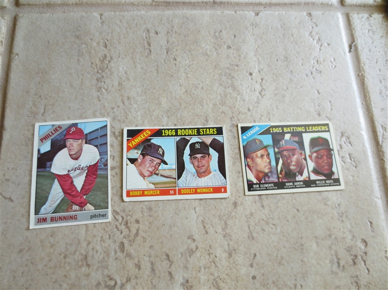 (3) 1966 Topps baseball cards: Murcer rookie, Bunning, 1965 Batting Leader (Clemente, Aaron, Mays)