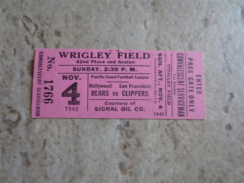 1945 Pacific Coast League football ticket Hollywood Bears vs. San Francisco Clippers Wrigley Field LA
