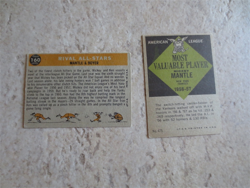 1961 Topps Mickey Mantle MVP + 1960 Rival All Stars Mantle/Boyer baseball cards 