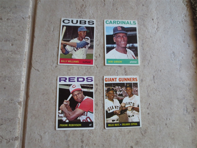 (4) 1964 Topps baseball cards of Hall of Famers:  Gibson, Mays/Cepeda, Robinson, Williams