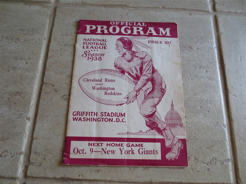 1938 Cleveland Rams at Washington Redskins football program