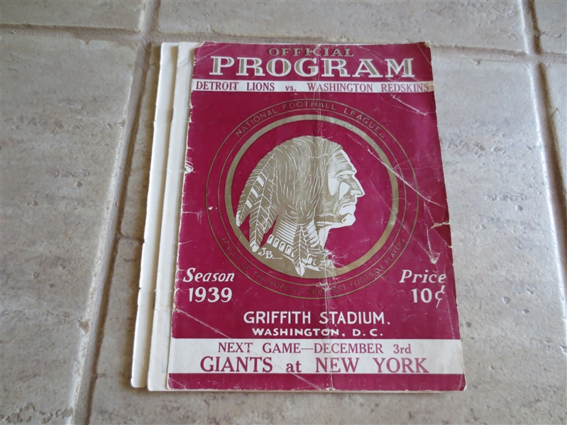 1939 Detroit Lions at Washington Redskins football program with LOOSE COVERS