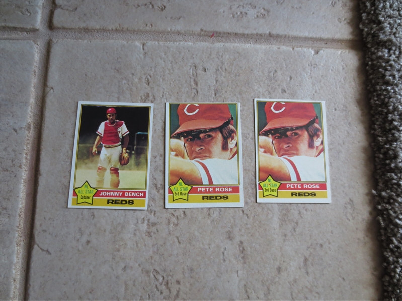 (3) 1976 Topps All Star baseball cards of Pete Rose (2) and Johnny Bench (1)