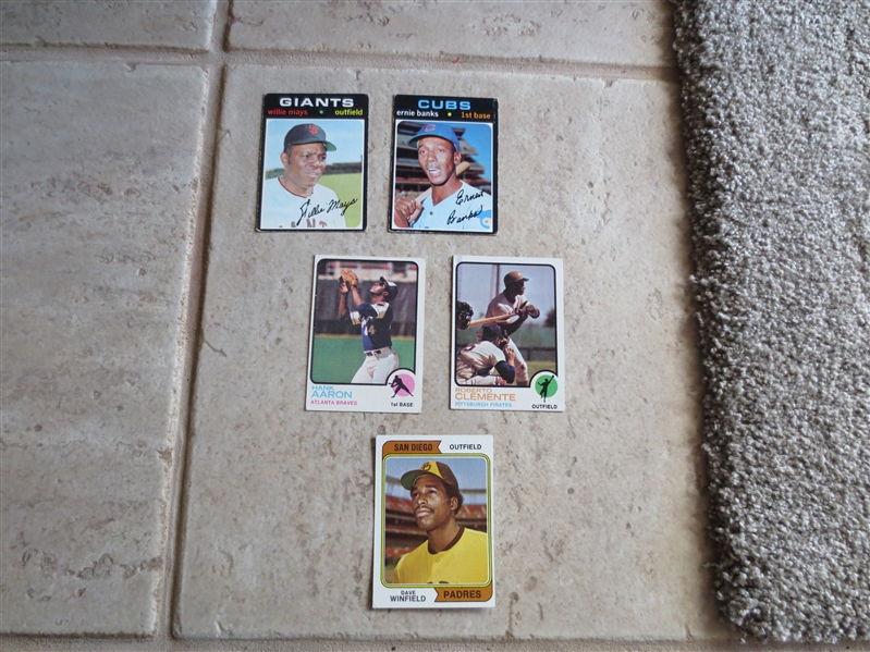 1974 Topps Dave Winfield rookie + 1971 Topps Mays and Banks + 1973 Topps Clemente and Aaron baseball cards