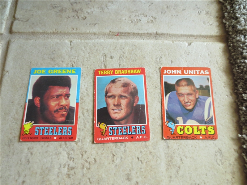 (3) 1971 Topps Football cards of Hall of Famers:  Terry Bradshaw rookie, Joe Greene rookie, John Unitas