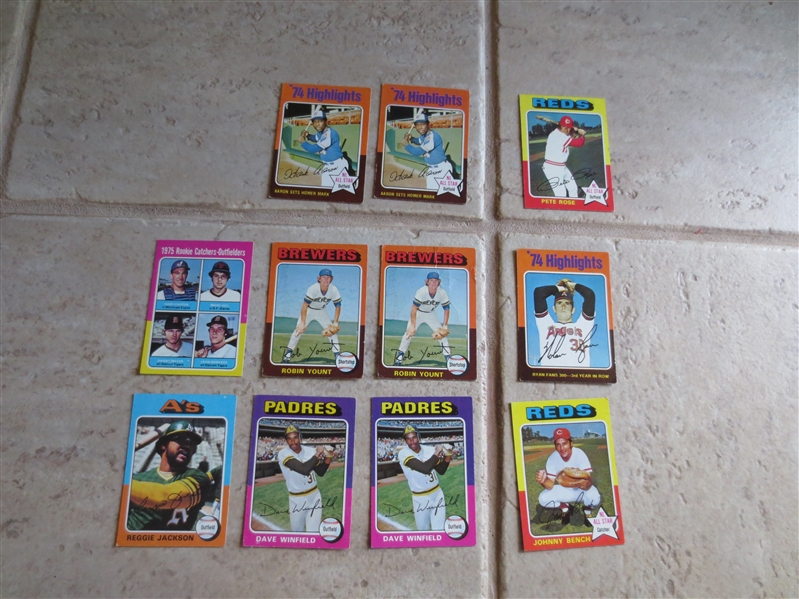 (11) 1975 Topps Hall of Famer cards includes (2) Yount rookies, Carter rookie, (2) Winfield, Bench, Rose, +