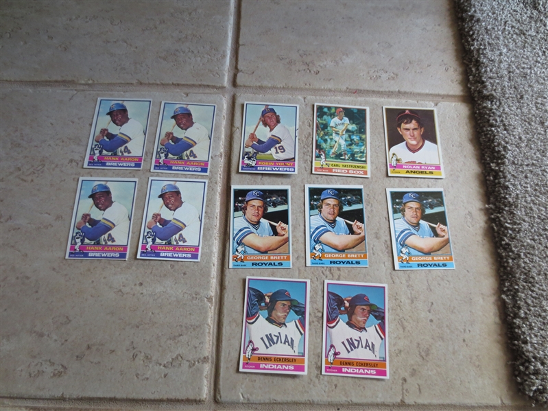 (12) 1976 Topps Hall of Famer baseball cards: (2) Eckersley rookies, (4) Aaron, (3) Brett, Ryan, Yount, Yaz