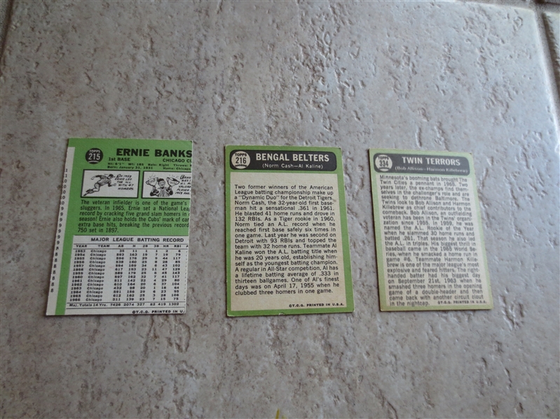 (3) 1967 Topps baseball cards of Hall of Famers: Kaline, Killebrew, and Banks