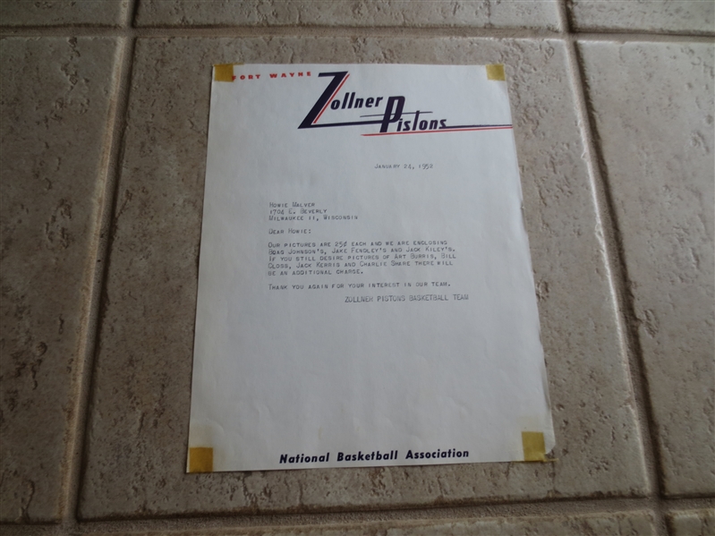1952 Ft. Wayne Zollner Pistons team letter with colorful letterhead