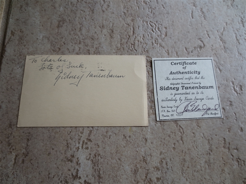 Autographed Sidney Tanenbaum 3 x 5 New York Knicks and Baltimore Bullets