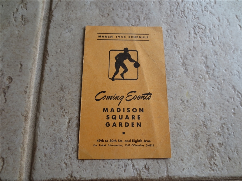 March 1948 Madison Square Garden pocket schedule includes New York Knicks BAA