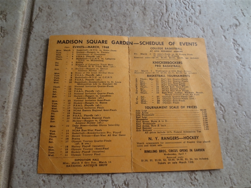March 1948 Madison Square Garden pocket schedule includes New York Knicks BAA