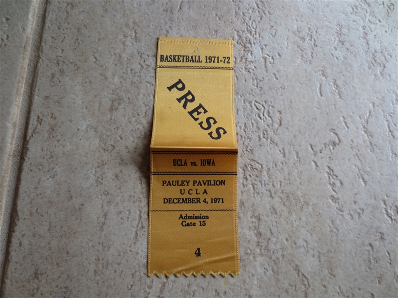 December 4, 1971 UCLA Basketball Press Badge/Ticket vs. Iowa at Pauley Pavilion