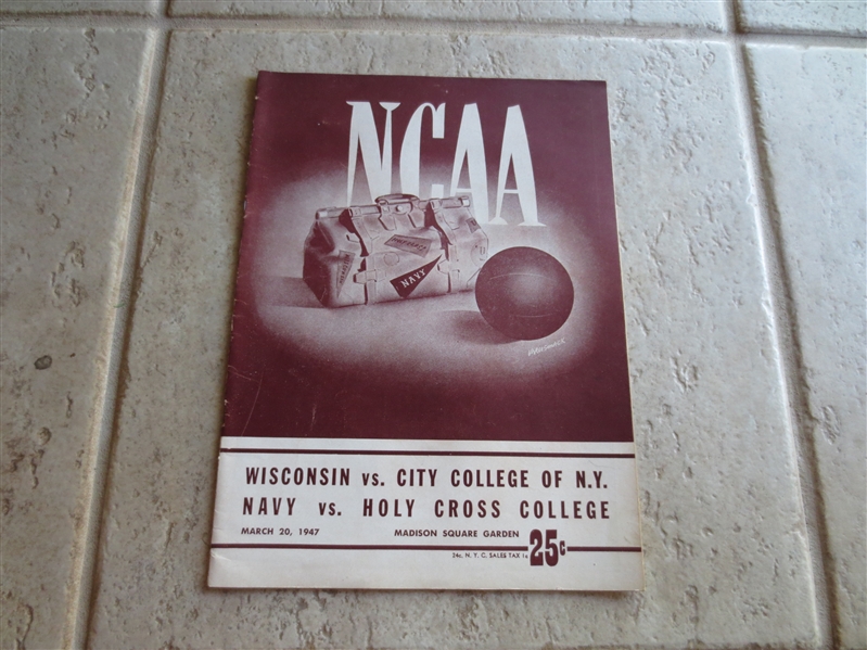 March 20, 1947 NCAA East Regional Basketball Championship program Holy Cross, Navy, Wisconsin, CCNY   Bob Cousy 