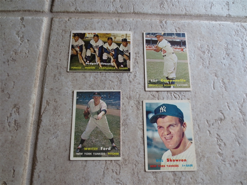 (4) 1957 Topps baseball cards: Campanella, Ford, Dodgers Sluggers, Skowron