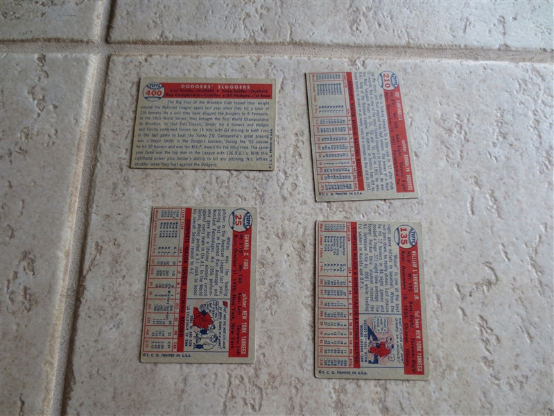 (4) 1957 Topps baseball cards: Campanella, Ford, Dodgers Sluggers, Skowron