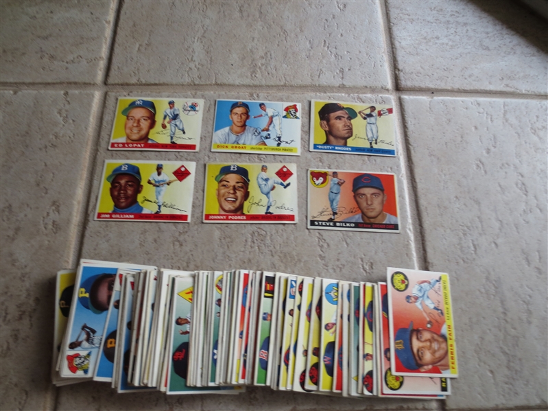 (95) 1955 Topps Baseball cards including Podres, Gilliam, Groat, Lopat, Rhodes, and Bilko