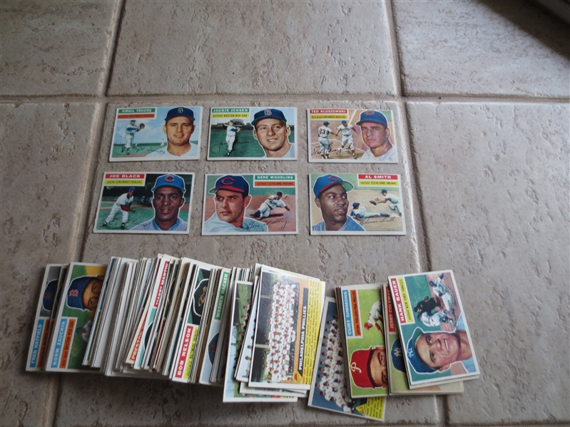 (105) different 1956 Topps baseball cards including Teams, Kluszewski, Jensen, Black, Trucks, Smith