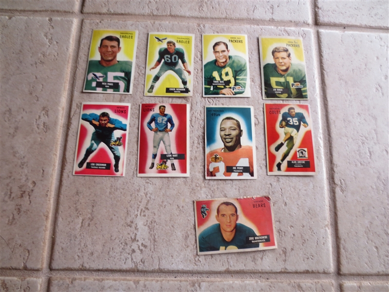 (9) 1955 Bowman football cards: Bednarik, Pihos, Rote, Ringo, Creekmur, Hart, Perry, Ameche, Bratkowski