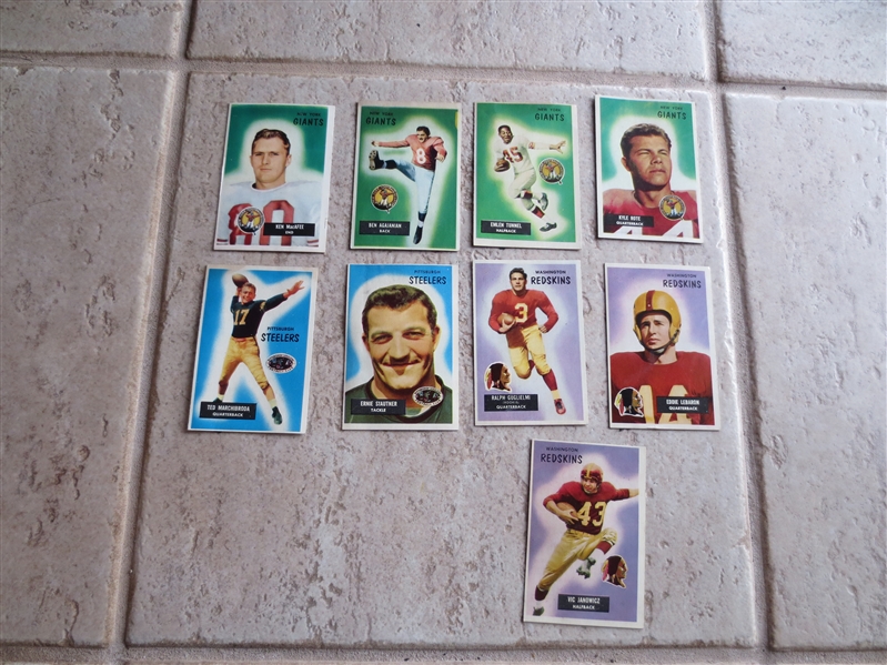 (9) 1955 Bowman star football cards: Rote, Tunnel, Agajanian, MacAfee, Stautner, Marchibroda, LeBaron, Guglielmi, Janowicz