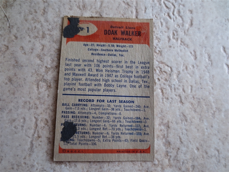 1955 Bowman Doak Walker football card #1 with back damage from scrapbook